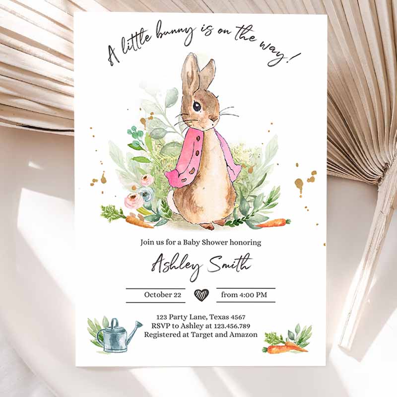 Flopsy Bunny Baby Shower Invitation, Girl Pink Rustic Peter Rabbit Invitation, Spring Sprinkle