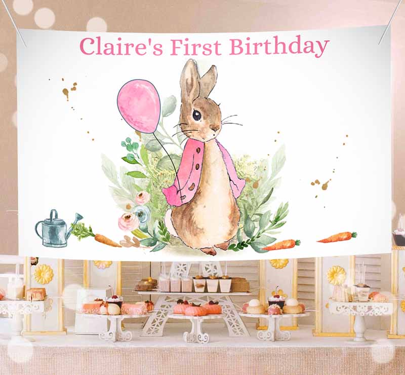 Flopsy Bunny Backdrop Banner, Bunny Kids Birthday, Girl Peter RabbIt'spring Watercolor Rustic Pink