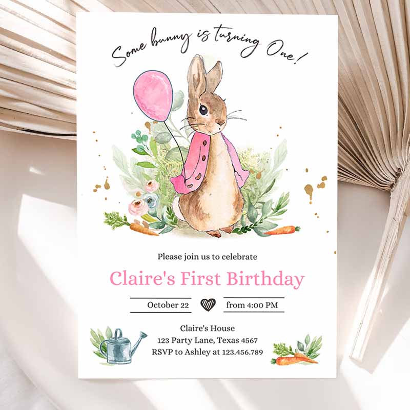 Flopsy Bunny Kids Birthday Invitation, Gril Pink Rustic Peter Rabbit Kids Birthday, Invite Watercolor