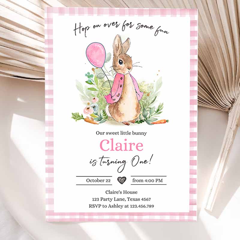 Flopsy Bunny Kids Birthday, Girl Pink Rustic Peter Rabbit Kids Birthday, Invite Hop on Over