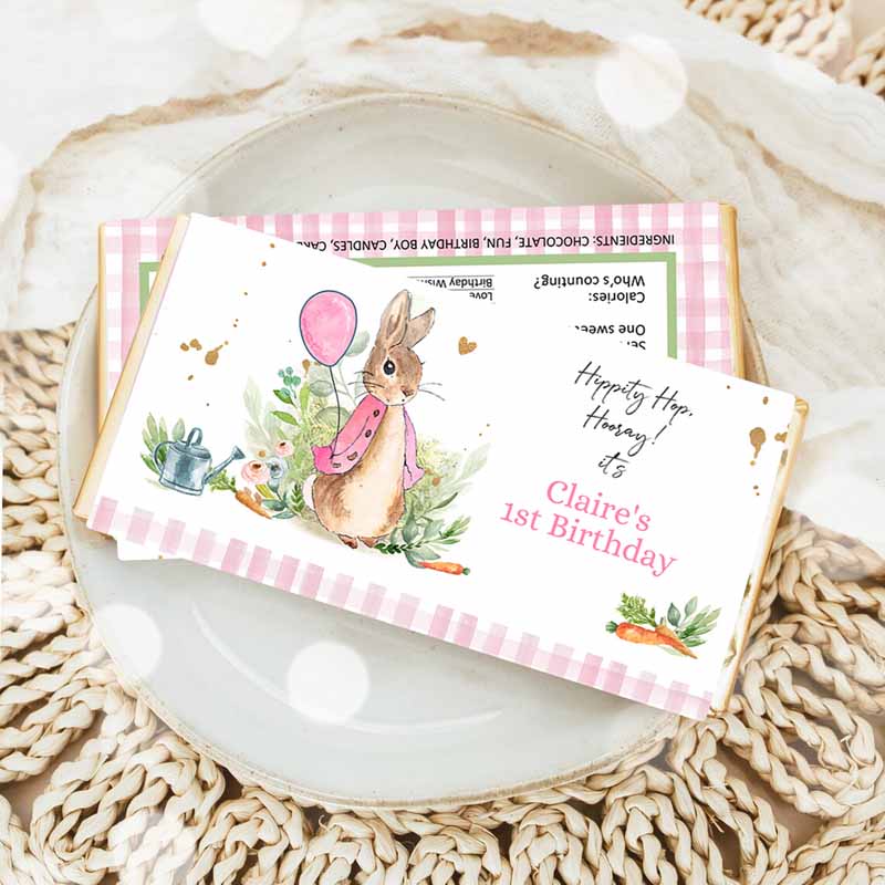 Flopsy Bunny Chocolate Bar Labels, Candy Bar Wrapper Peter Rabbit Kids Birthday, Girl Pink Rustic