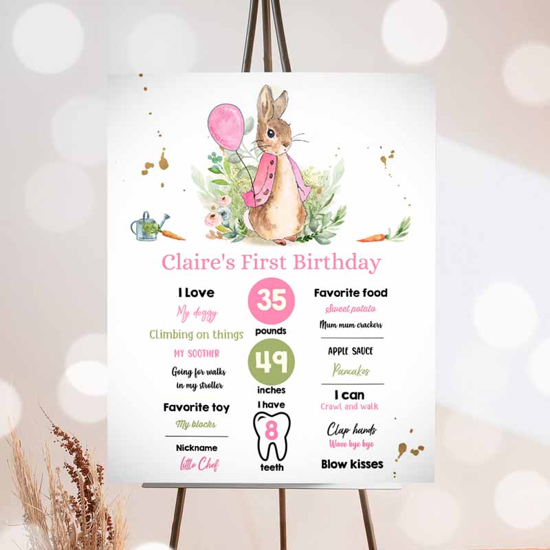 Flopsy Bunny Milestones Sign, Rustic Girl Pink Peter Rabbit Kids Birthday, Watercolor Milestone Poster