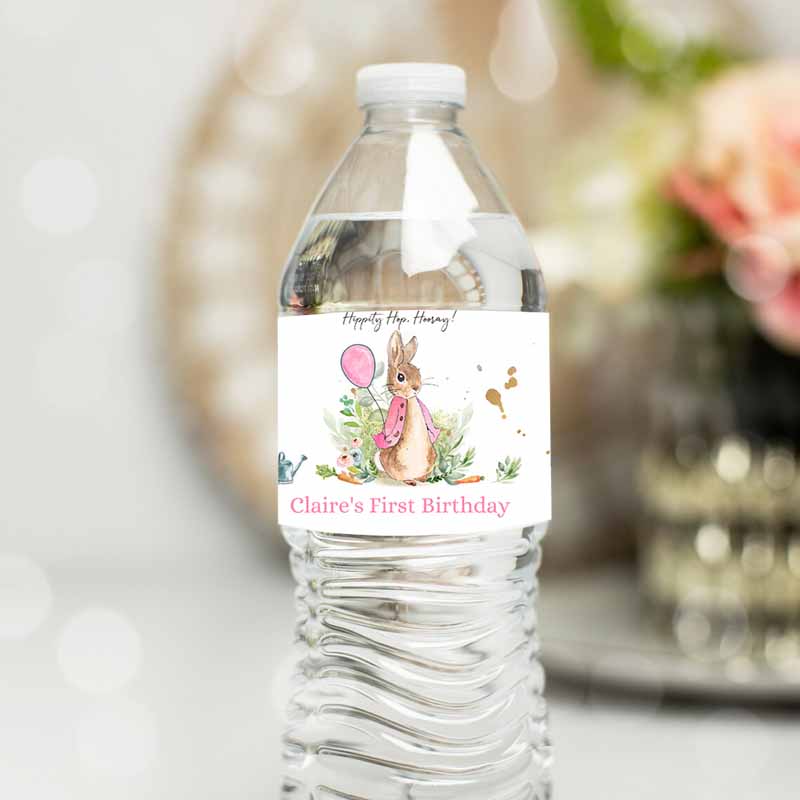 Flopsy Bunny Water Bottle Labels Peter Rabbit Party, Decor Bunny Kids Birthday, Rustic Watercolor Girl Pink