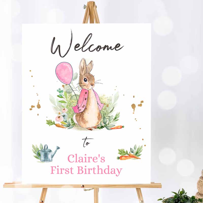 Flopsy Bunny Welcome Sign, Girl Kids Birthday, Baby Shower Welcome Kids Birthday, Rabbit Watercolor Pink