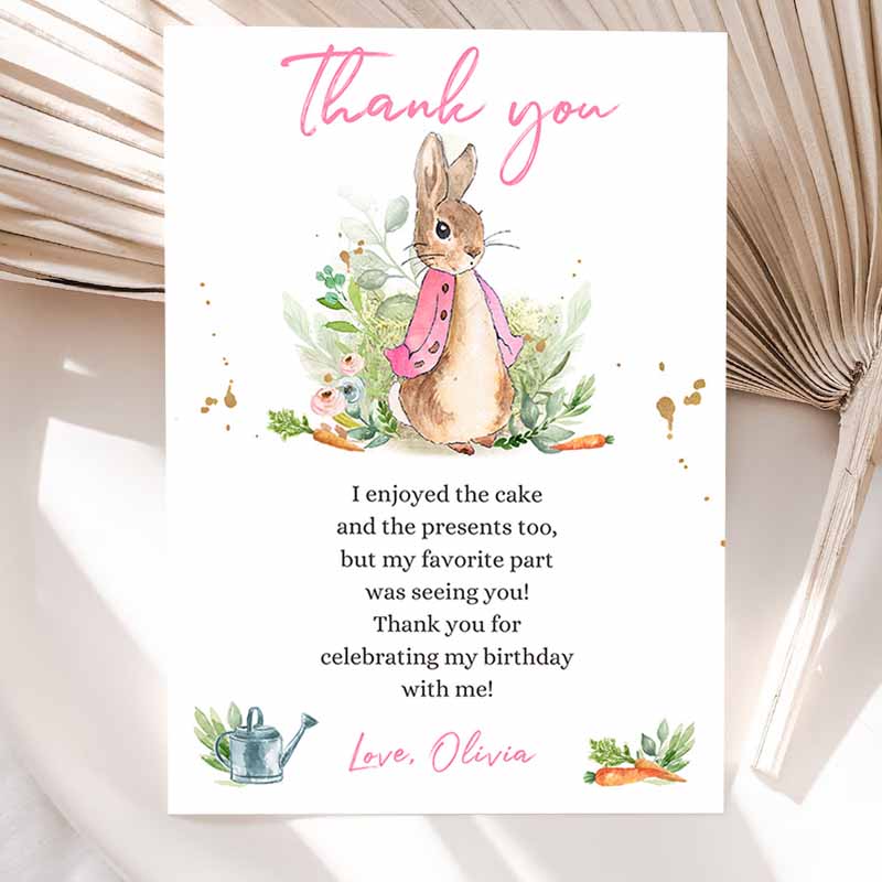 Flopsy Rabbit Kids Birthday, Thank You Card Girl Pink Baby Shower Rustic Peter RabbIt'spring Bunny