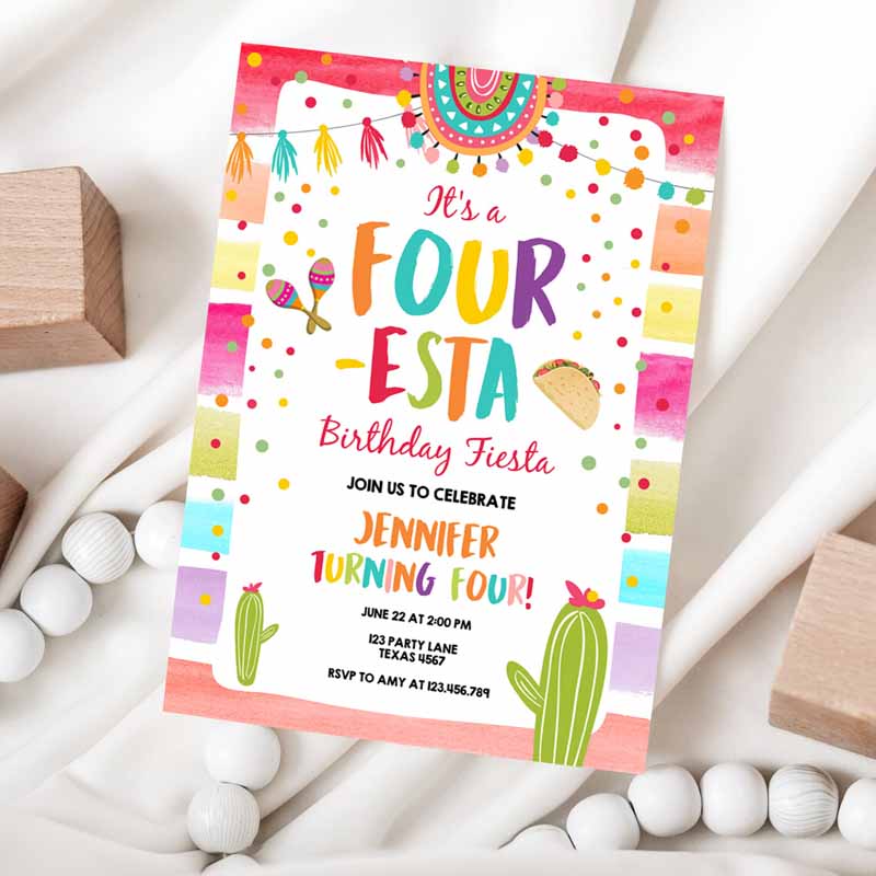 Four-Esta Fiesta Kids Birthday Invitation, Four Cactus Fourth Mexican Boy Girl Cactus