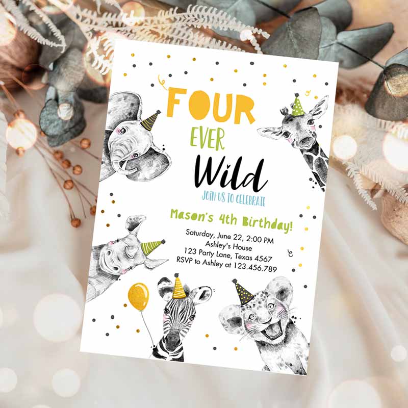 Four Ever Wild Kids Birthday Invitation, Boy Green Gold Safari Animals Fourth Kids Birthday