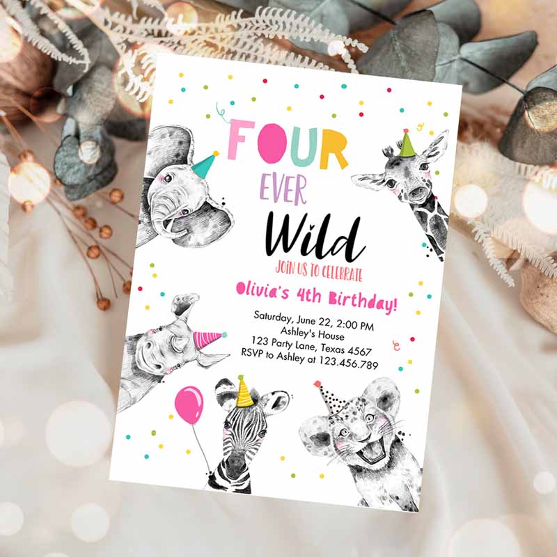 Four Ever Wild Kids Birthday Invitation, Girl Pink Gold Safari Animals Fourth Kids Birthday