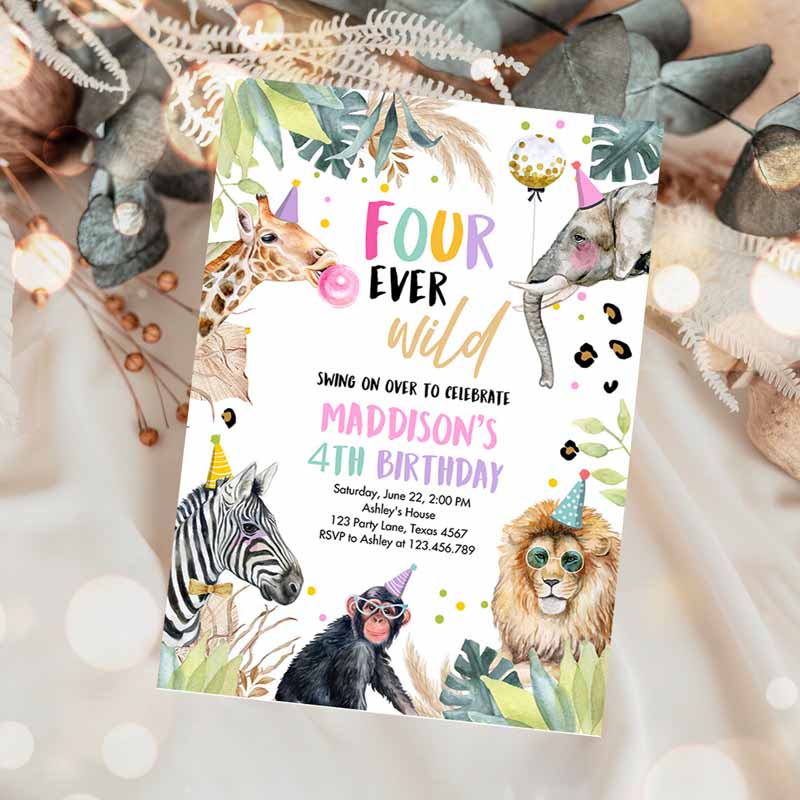 Four Ever Wild Kids Birthday Invitation, Leopard Safari Animals Zoo Kids Birthday Animals