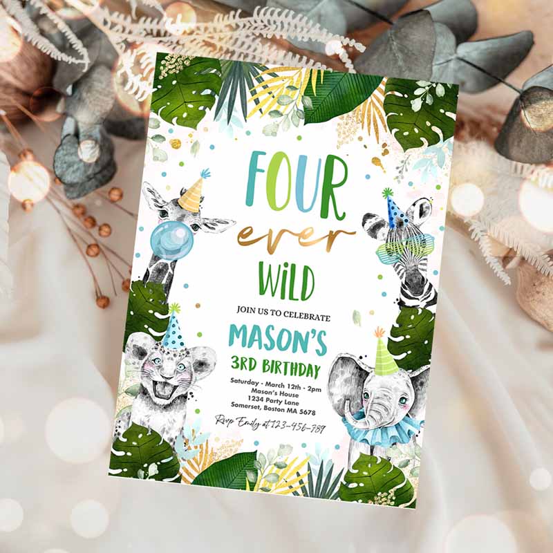 Four Ever Wild Kids Birthday Invitation, Safari Animals FourEver Wild Kids Birthday Party, Gold Monochrome Jungle Party