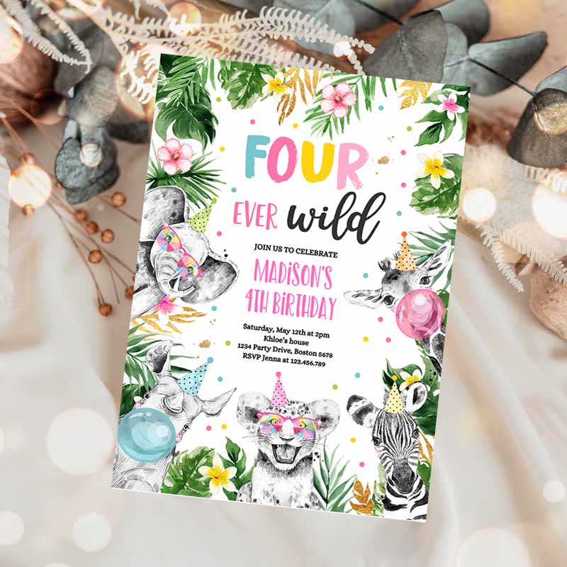 Four Ever Wild Kids Birthday, Invite Safari Animals FourEver Wild Kids Birthday Party, Gold Monochrome Jungle Party