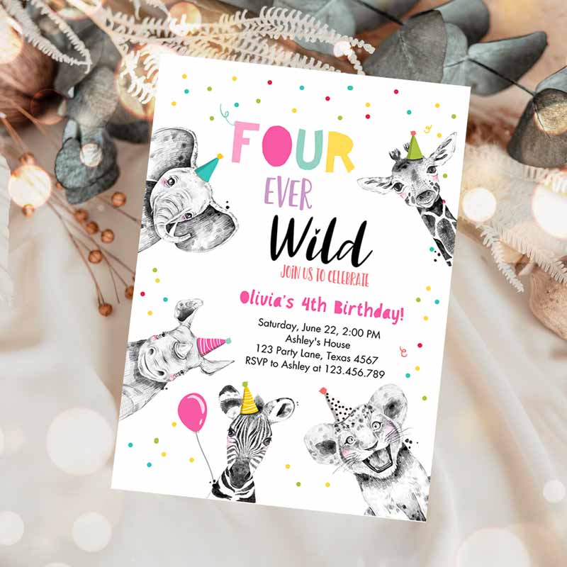 Four Ever Wild Kids Birthday, Girl Pink Gold Safari Animals Fourth Kids Birthday