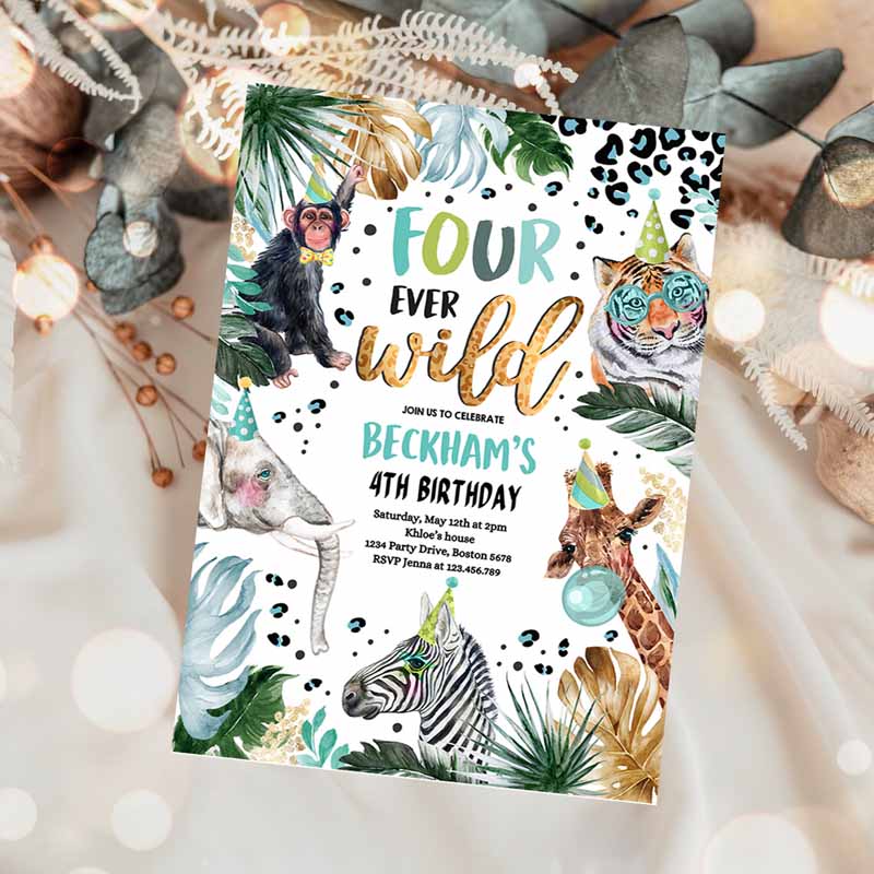 Four Ever Wild Safari Animals Kids Birthday, Animal Print Jungle Party, Animal Kids Birthday Party