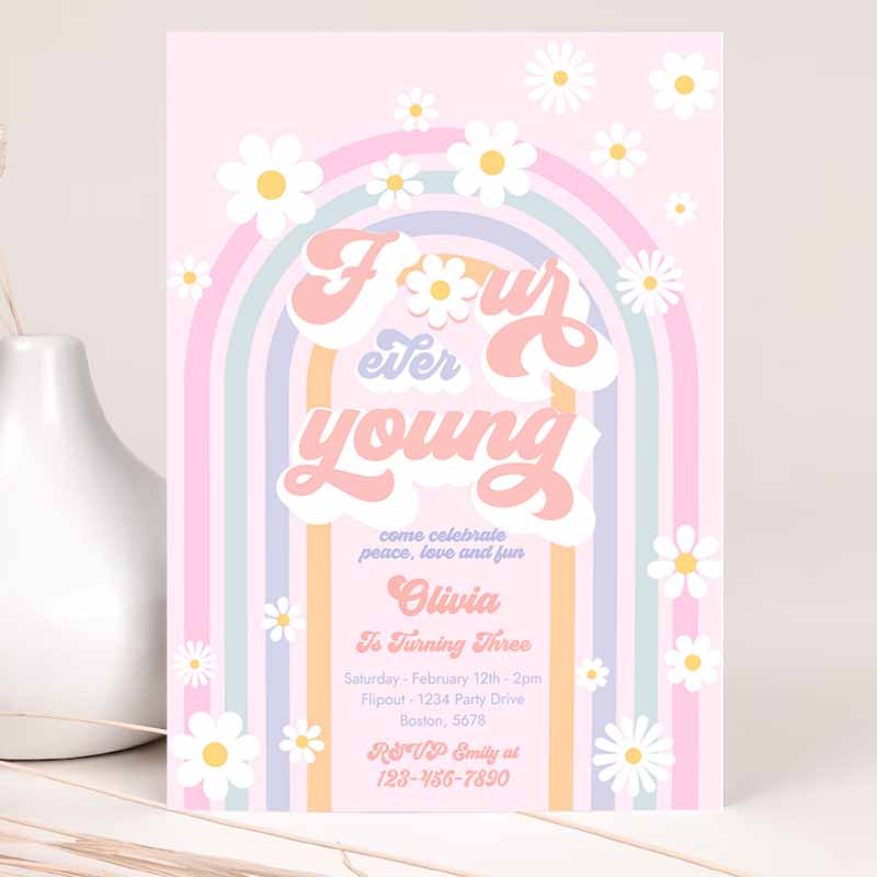 Four Ever Young Groovy Kids Birthday Invitation, Peace Love Groovy Rainbow Party