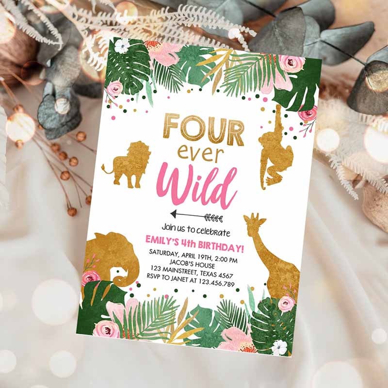 Fourever Wild Kids Birthday Invitation, Safari Animals Jungle Zoo Gold Girl Pink Kids Birthday, Four Ever