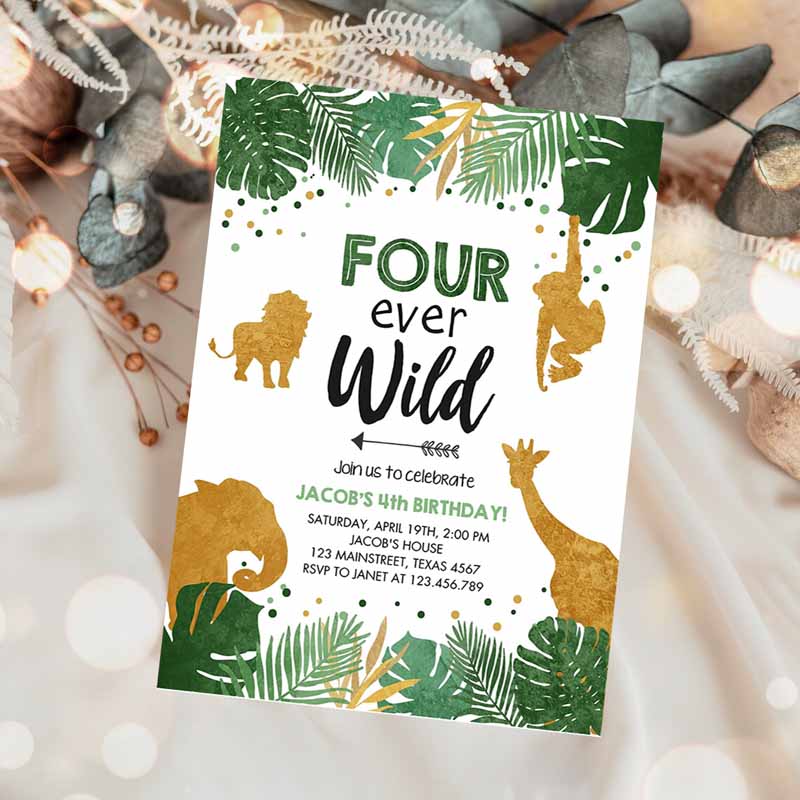 Fourever Wild Kids Birthday Invitation, Safari Animals Zoo Jungle Party, Gold Boy Fourth Kids Birthday, Four Ever Wild