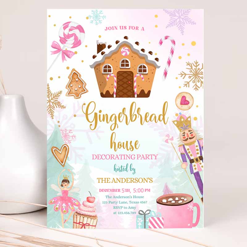 Gingerbread House Decorating Party Invitation, Land of Sweets Pink Gold Cookie Decorating