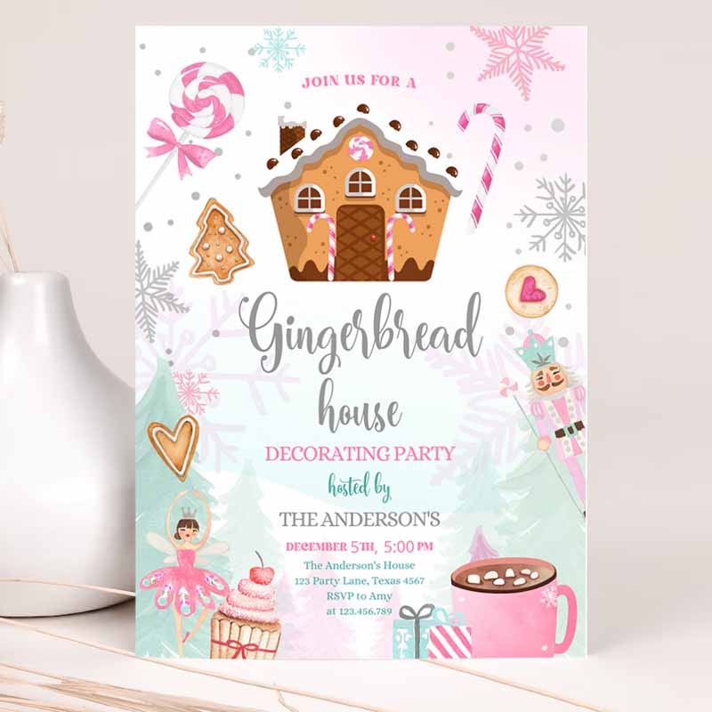 Gingerbread House Decorating Party Invitation, Land of Sweets Pink Silver Cookie Decorating