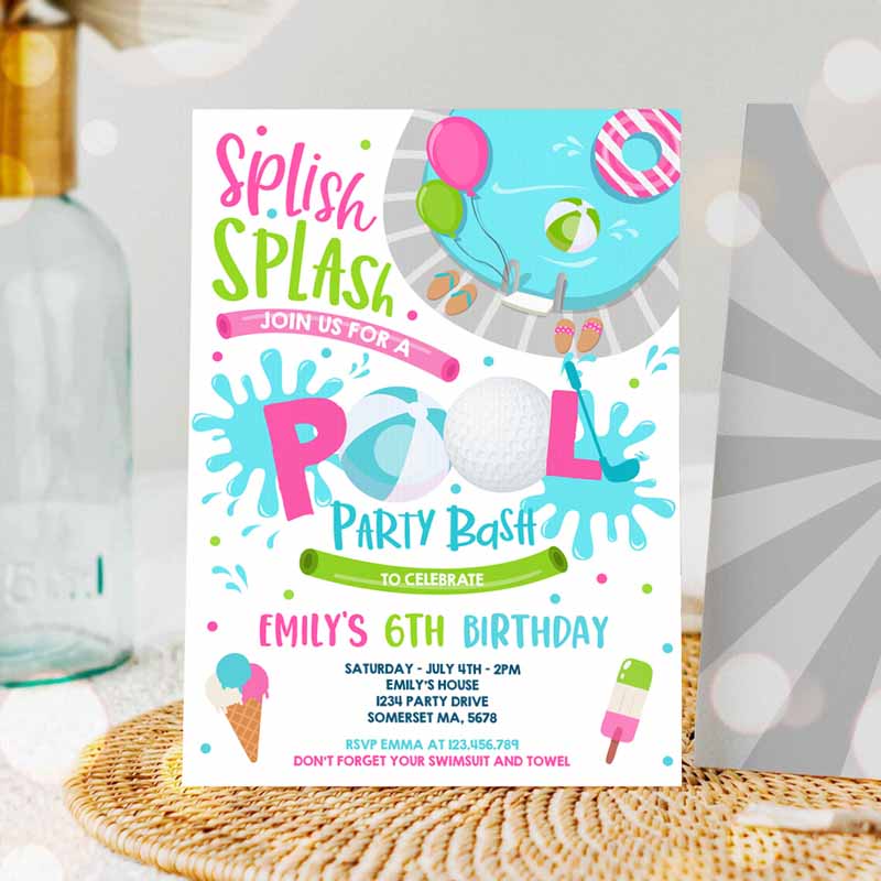 Girl Golf Pool Party Invitation, Sports Summer Pink Girl Pool Party, Pool BBQ Kids Birthday Party, Pool Kids Birthday