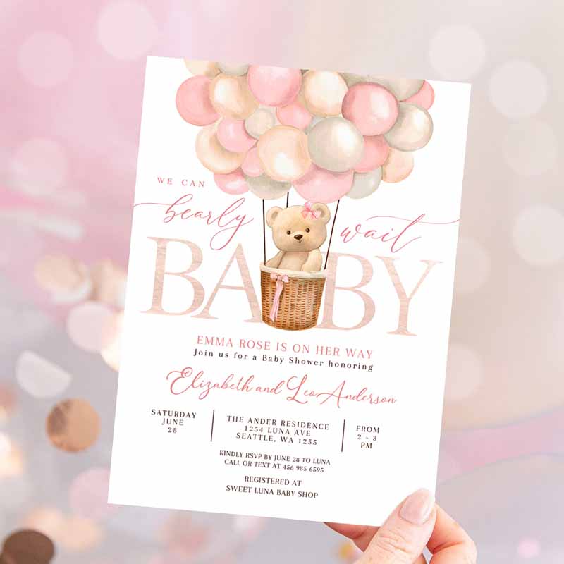 Girl Teddy Bear Hot Air Balloon Beareme Baby Shower Invitation, We Can Bearly Wait