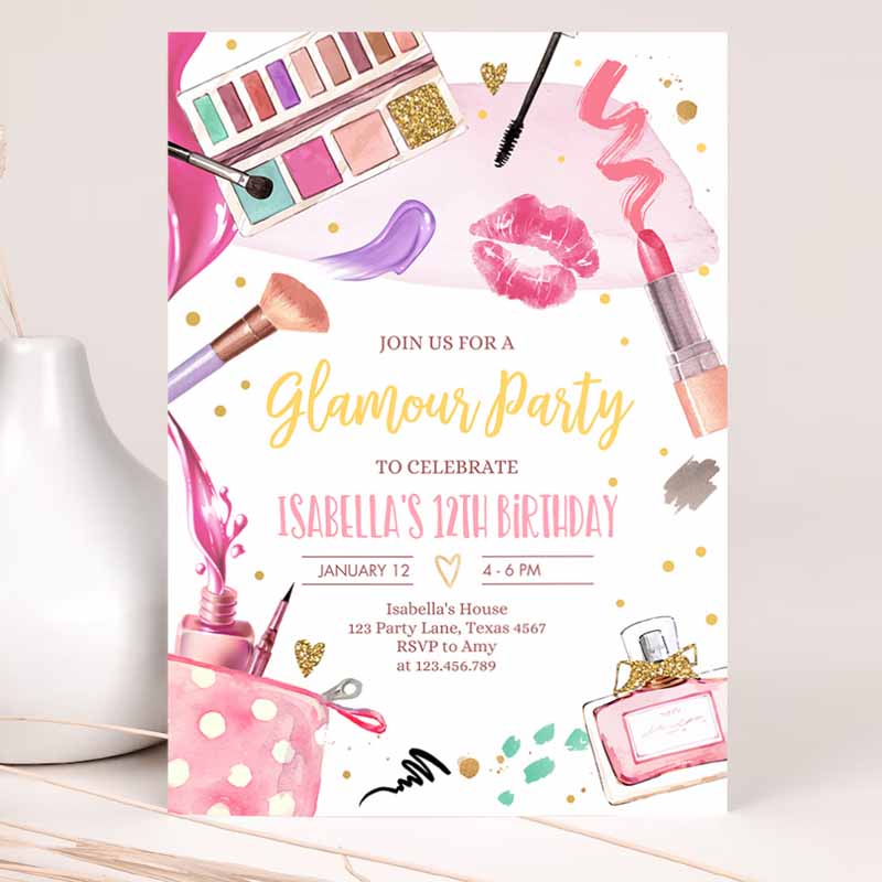 Glamour Kids Birthday Party, Glitz and Glam Party, Spa Makeup Kids Birthday Invitation, Pink Gold Girl