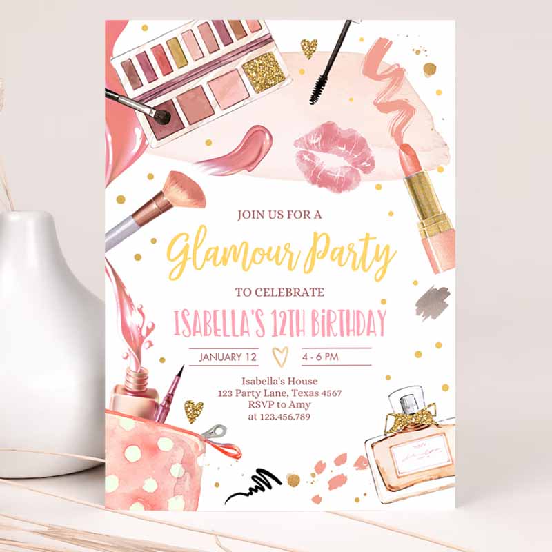 Glamour Party, Glitz and Glam Party, Spa Makeup Kids Birthday Invitation, Pink Gold Girl