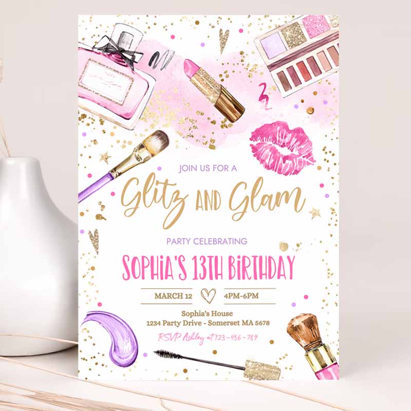 Glitz And Glam Kids Birthday Invitation, Spa Makeup Kids Birthday, Blush Pink Gold Spa Tween Party