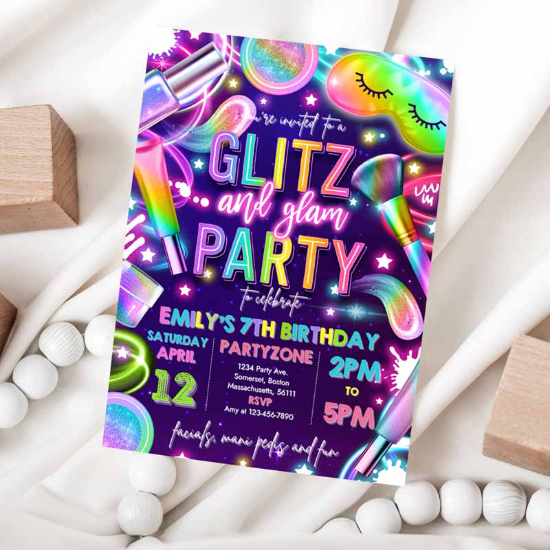 Glitz And Glam Spa Makeup Kids Birthday Invitation, Neon Glow Spa Party Invitation, Glam Makeup Glow Kids Birthday Party