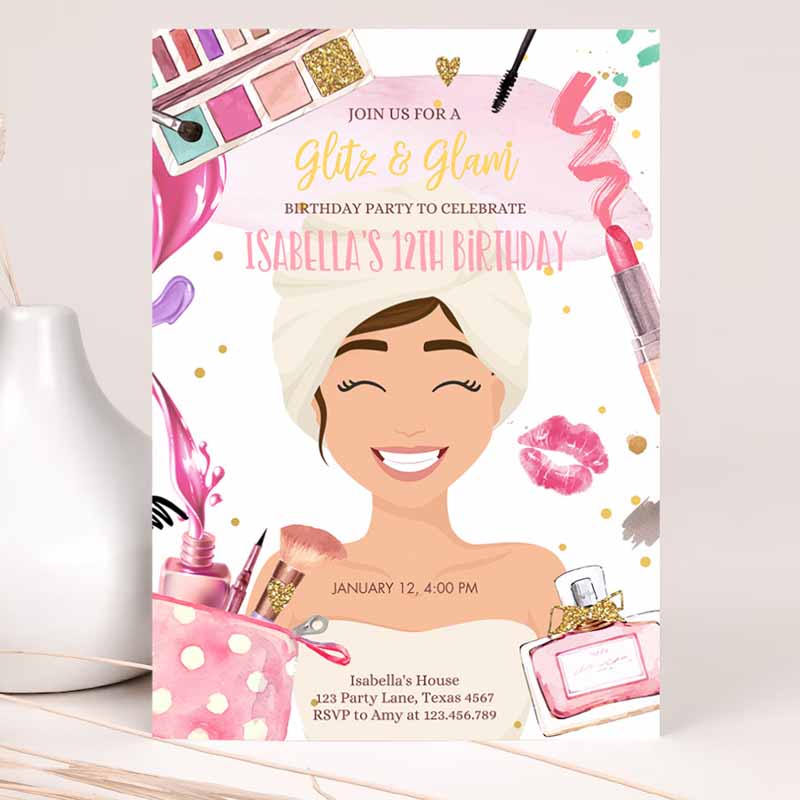 Glitz and Glam Kids Birthday Invitation, Spa Party, Makeup Kids Birthday Invitation, Pink Gold Girl