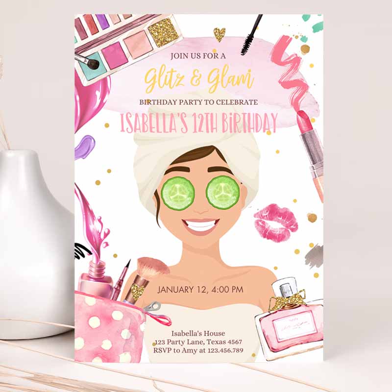 Glitz and Glam Kids Birthday, Spa Party, Makeup Kids Birthday Invitation, Pink Gold Girl