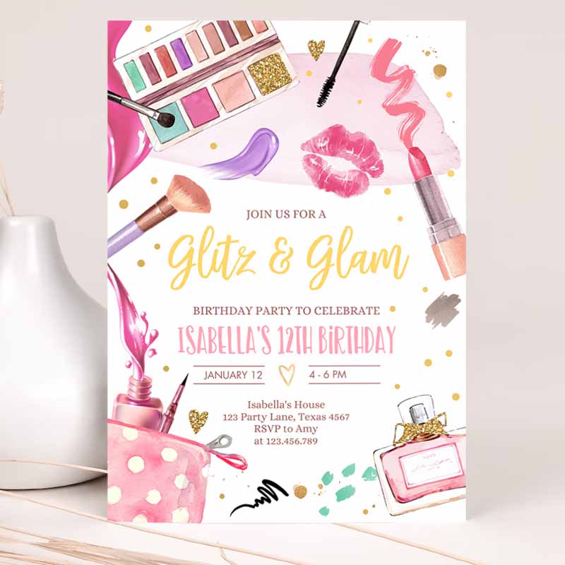 Glitz and Glam Kids Birthday, Spa Party, Makeup Kids Birthday Invitation, Pink Gold Girl Template