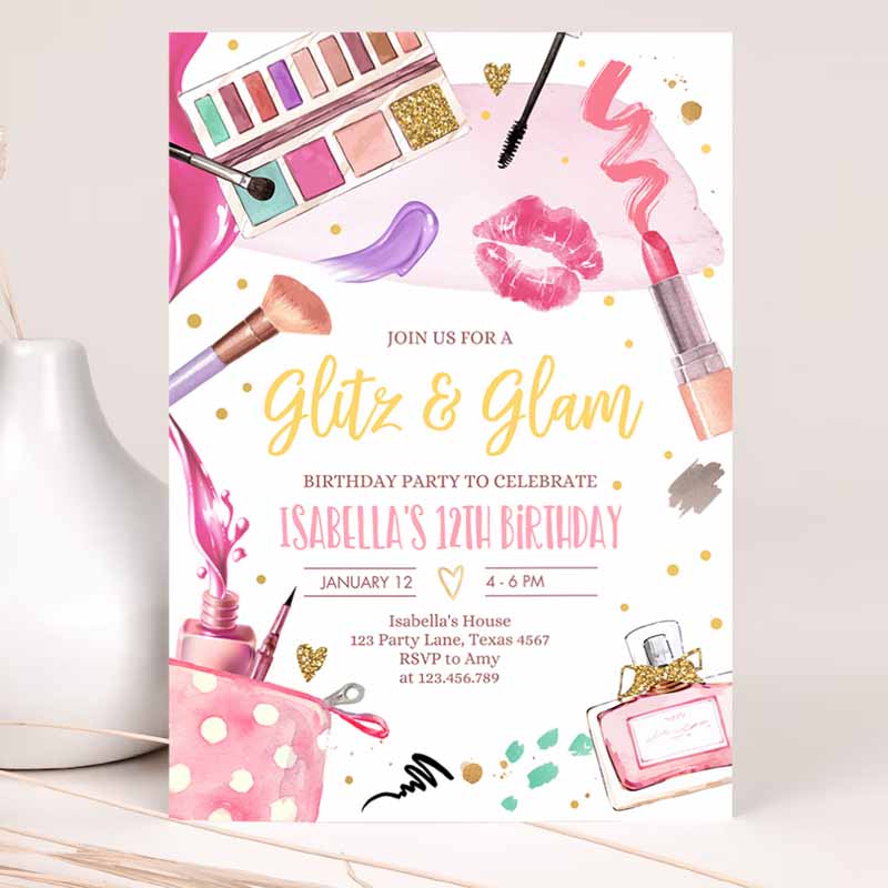 Glitz and Glam Kids Birthday Party, Spa Party, Makeup Kids Birthday Invitation, Pink Gold Girl