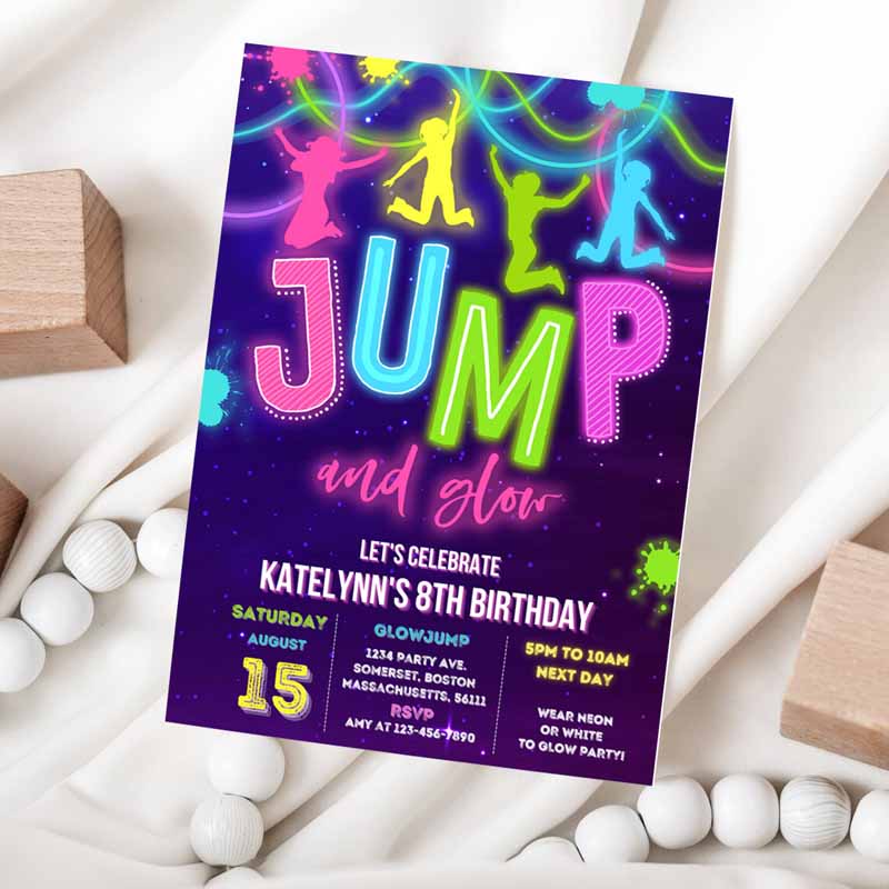 Glow Jump Invitation, Neon Jump Kids Birthday, Invite Jump And Glow Party, Bounce House Glow Ine Dark Jump Party