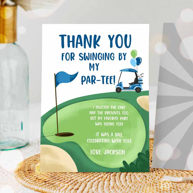 Golf Thank You Card Golfing Kids Birthday, Par-tee Swinging By Hole in One Golf Court Boy Girl Cart