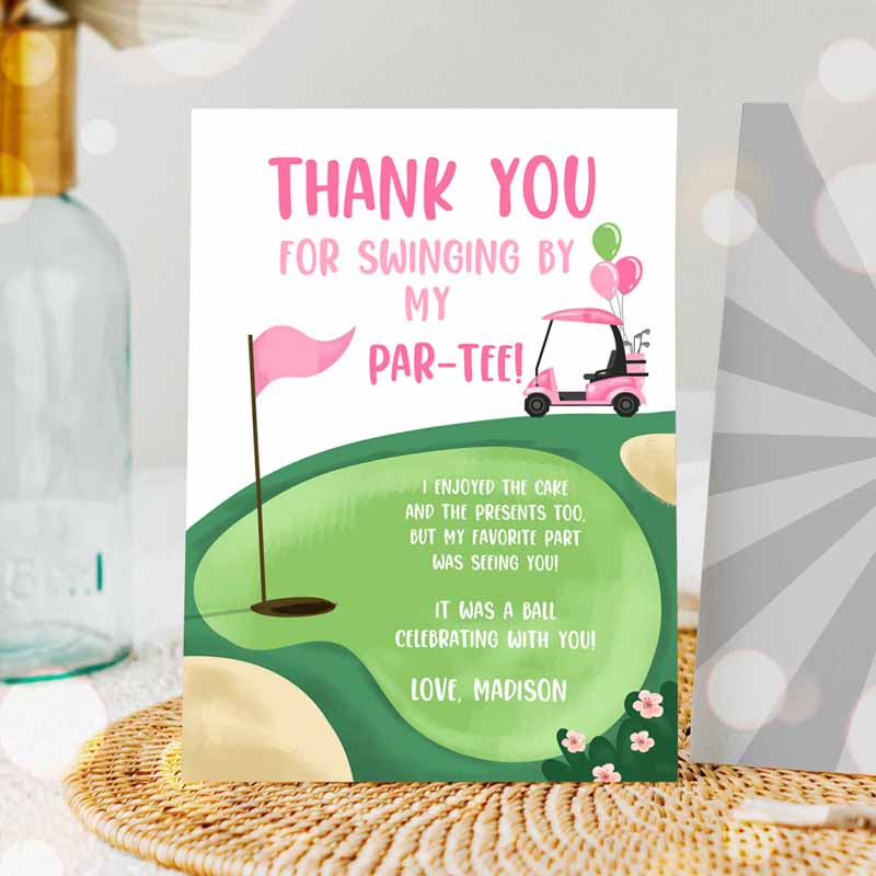 Golf Thank You Card Golfing Kids Birthday, Par-tee Swinging By Hole in One Golf Court Girl Pink Cart