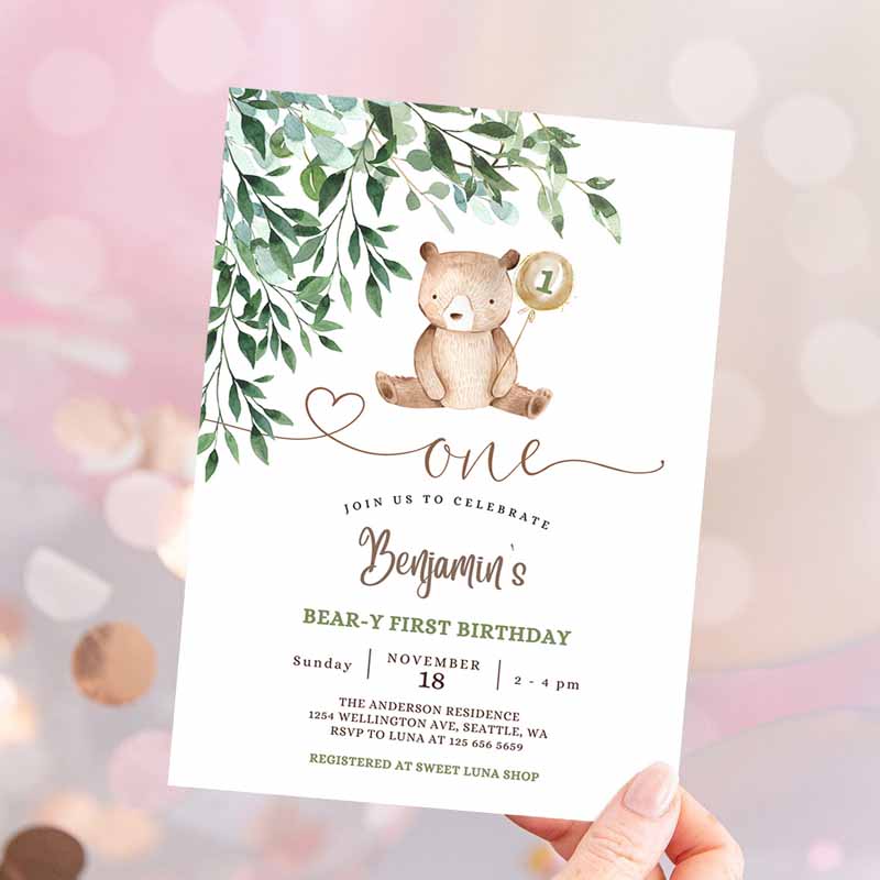 Greenery Beary First Kids Birthday, Boy Teddy Bear Kids Birthday Invitation, Beary Kids Birthday