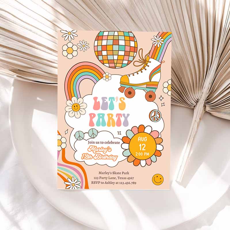 Groovy Kids Birthday Invitation, Lets Party, Boho Retro Flower Power 's Girl