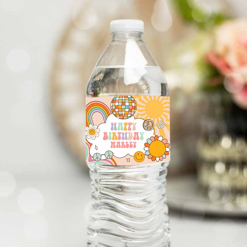 Groovy Kids Birthday, Water Bottle Label Kids Birthday, Groovy Water Bottle Retro Flower Power Girl Bottle Wrap