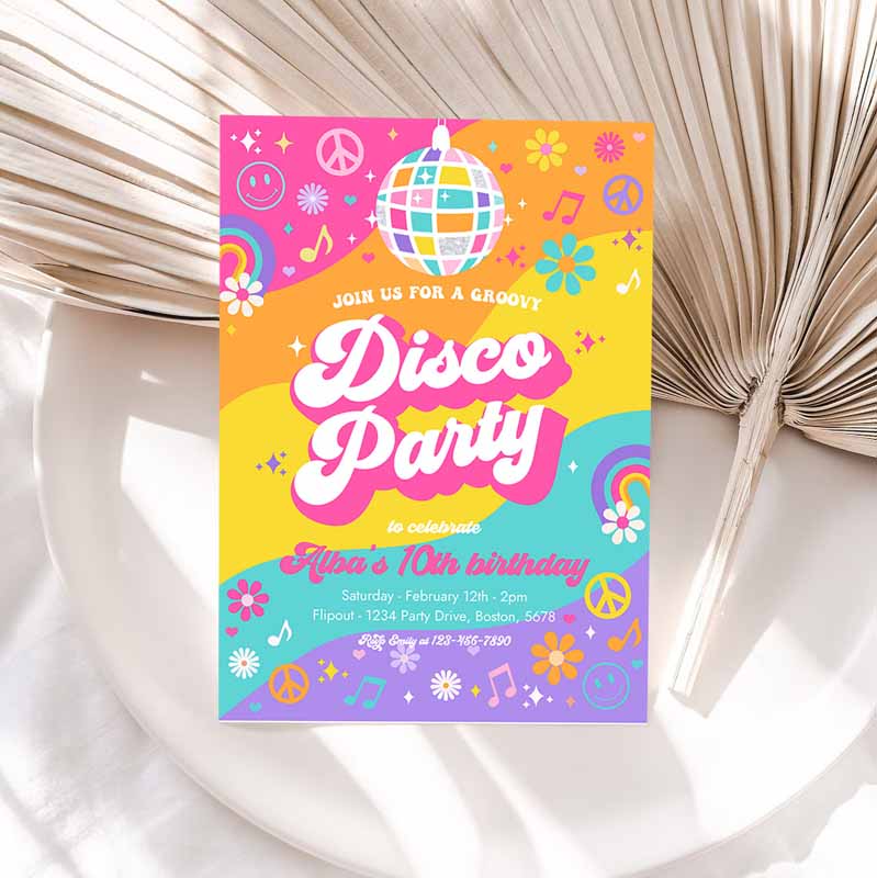 Groovy Disco Party Invitation, Retro Hippie Floral 's Disco Kids Birthday Party, Hippie Disco Dance Kids Birthday Party