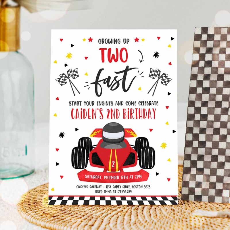 Growing Up Two Fast Kids Birthday Invitation, Race Car Two Fast Kids Birthday, Two Fast Boy Race Car Kids Birthday Party