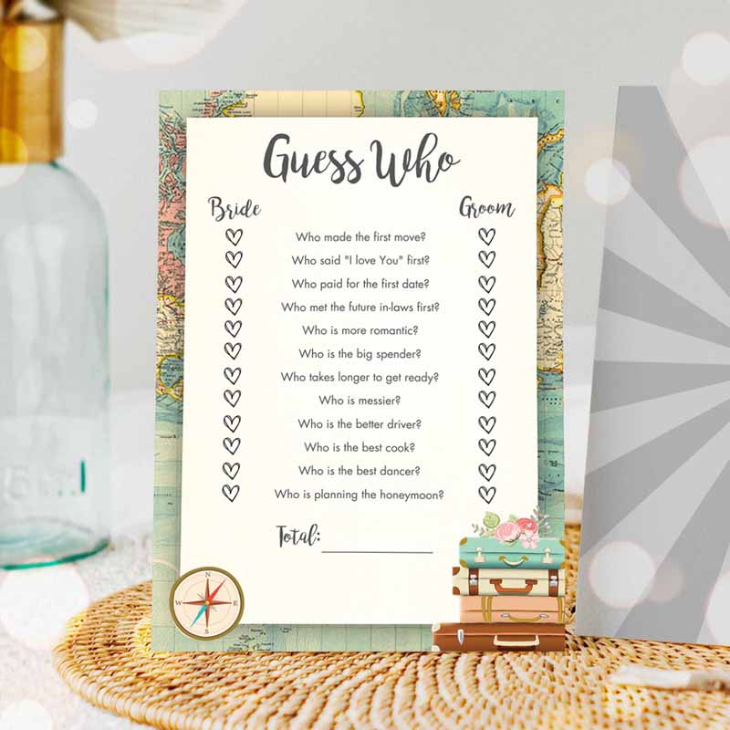 Guess Who Bridal Shower Game Travel Bride Groom Said Wedding Shower Activity Vintage Map Suitcases