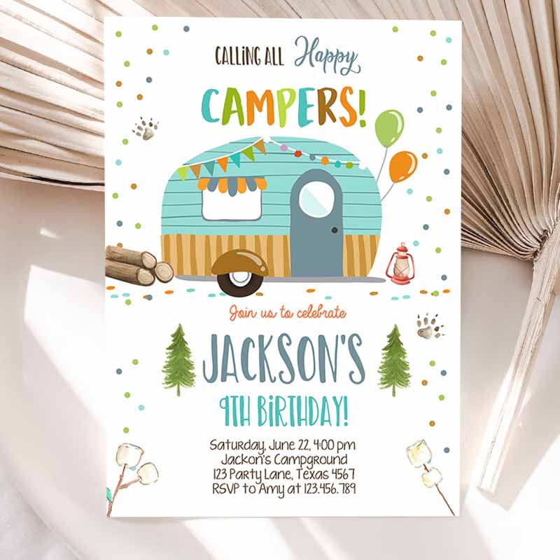 Happy Camper Kids Birthday Invitation, Boy Kids Birthday, Camping Party, S'more Forest Glamping