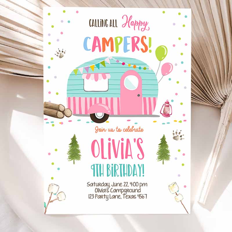 Happy Camper Kids Birthday Invitation, Girl Pink Camping Party, Pink Camper Glamping