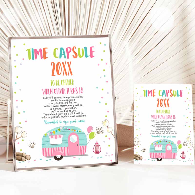 Happy Camper Time Capsule Girl Kids Birthday Party, Camping Glamping Caravan Outdoor Pink Guestbook