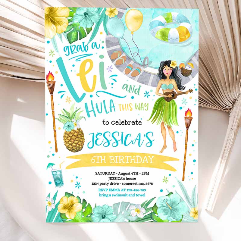 Hawaiian Luau Kids Birthday Invitation, Pineapple Luau Kids Birthday Party, Pineapple Hawaiian Kids Birthday, Luau Pool Party