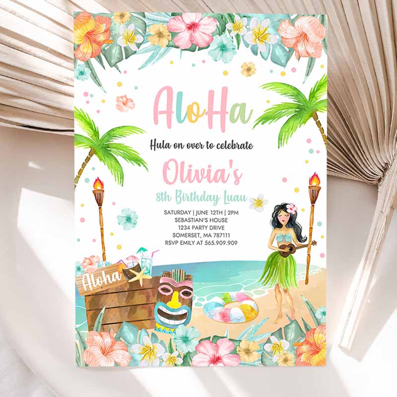 Hawaiian Luau Kids Birthday Invitation, Tropical Luau Pool Party, Kids Birthday Party, Hawaiian Kids Birthday, Luau Pool Party