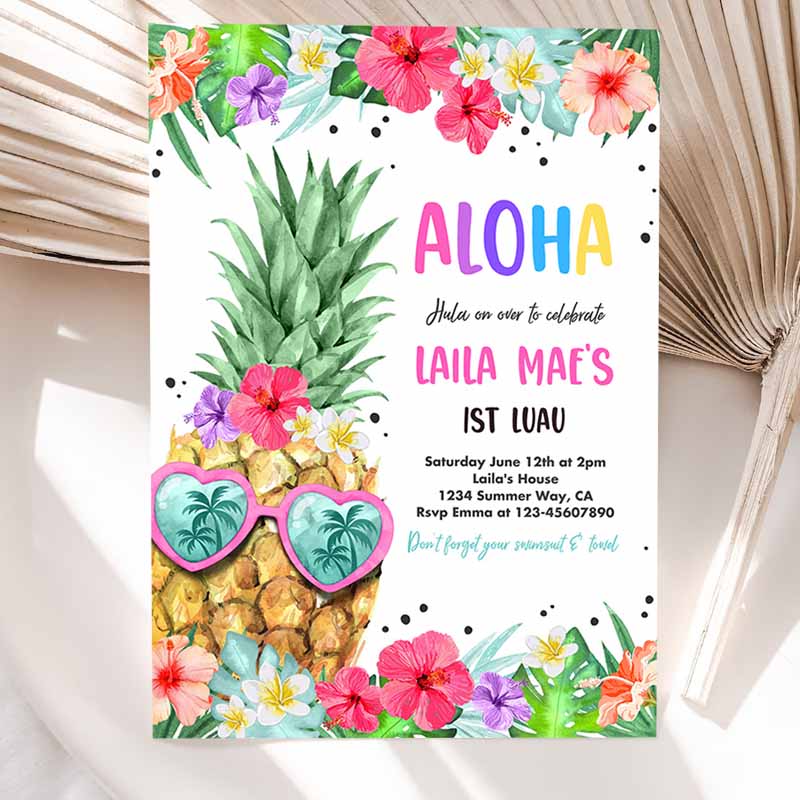 Hawaiian Luau Girl Kids Birthday, Invite Pineapple Kids Birthday Party, Luau Kids Birthday, Luau Pineapple Pool Party