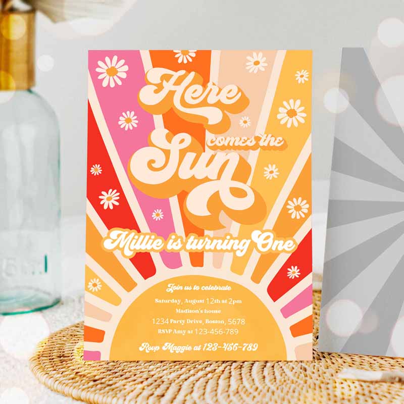 Here Comee Sun Kids Birthday Invitation, Retro Daisy Rainbow Sunshine Trip Arounde Sun Kids Birthday Party