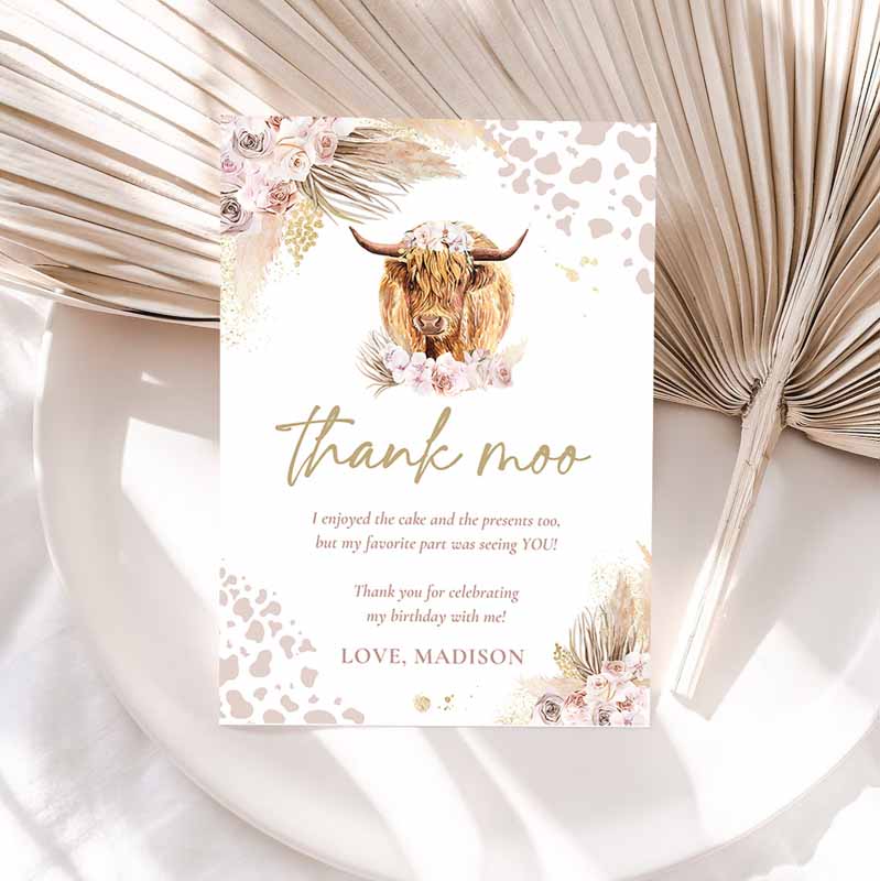 Highland Cow Kids Birthday Party, Thank You Card Holy Cow Boho Pampas Grass Party, Thank You Flat Note Cards