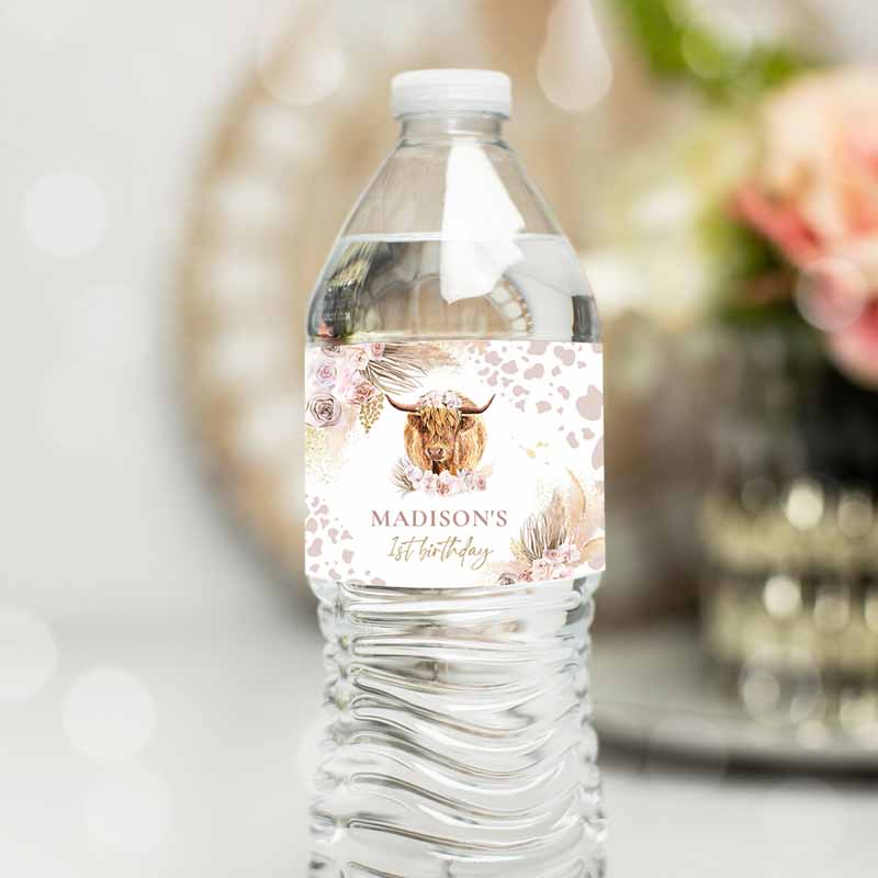 Highland Cow Kids Birthday Party, Water Bottle Labels Holy Cow Kids Birthday, Decor Boho Pampas Grass Cow Kids Birthday